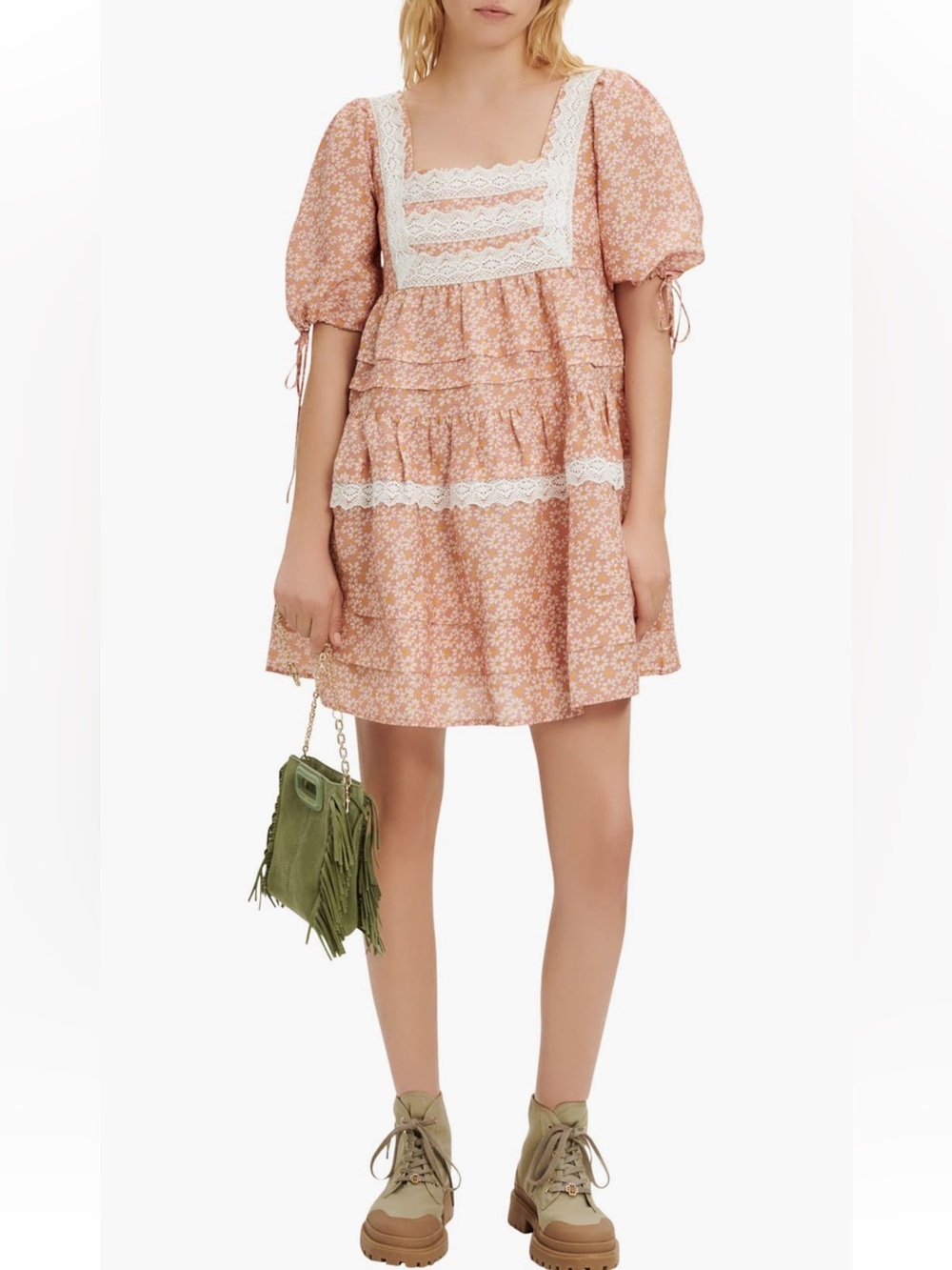 maje Radola Floral Print Lace Detail Linen Blend Dress Pink Daisy Large EU40 NWT